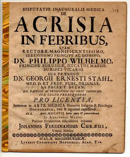 Curaeus, Johann Ferdinand: aus Breslau: Medizinische Inaugural-Disputation. De acrisia in febribus. 