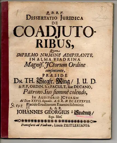 Studnitz, Johann Georg von: Juristische Dissertation. De coadjutoribus. 
