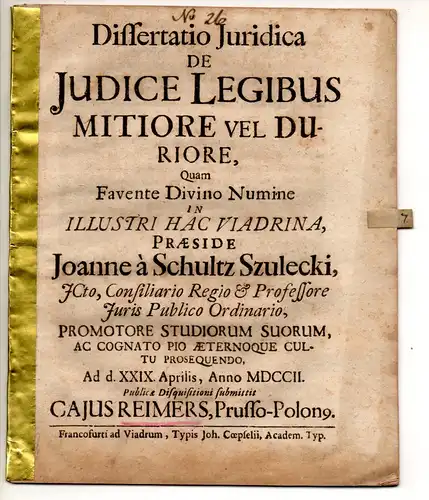 Reimers, Cajus: Juristische Dissertation. De iudice legibus mitiore vel duriore. 