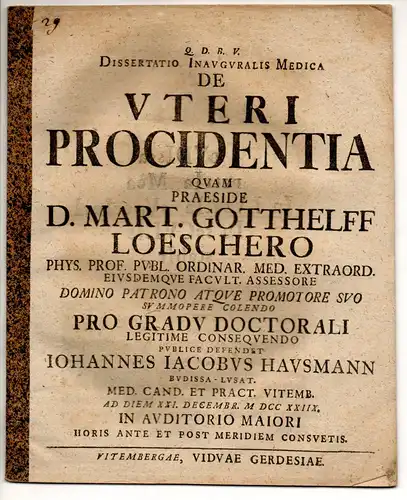 Hausmann, Johann Jacob: aus Bautzen: Medizinische Inaugural-Dissertation. De uteri procidentia. 