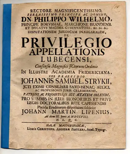 Lipenius, Johann Martin: Juristische Inaugural-Disputation. De privilegio appellationis Lubecensi. 