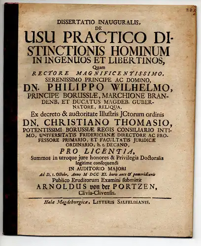 Portzen, Arnold von der: aus Kleve: Juristische Inaugural-Dissertation. De usu practico distinctionis hominum in ingenuos et libertinos. 