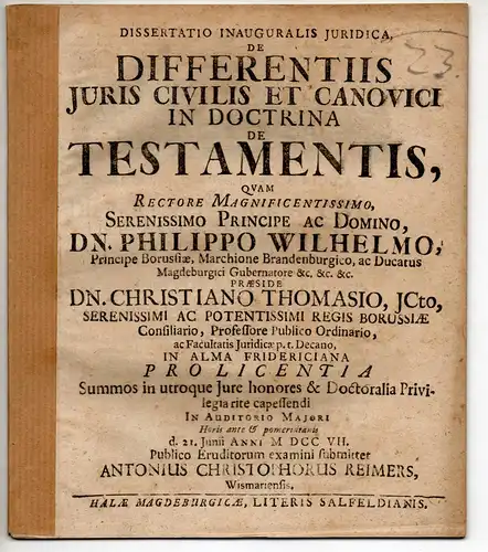 Reimers, Anton Christoph: aus Wismar: Juristische Inaugural-Dissertation. De differentiis iuris civilis et canonici in doctrina de testamentis. 