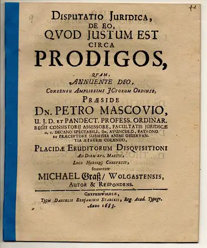 Grass, Michael: aus Wolgast: Juristische Disputation. De eo quod iustum est circa prodigos. 
