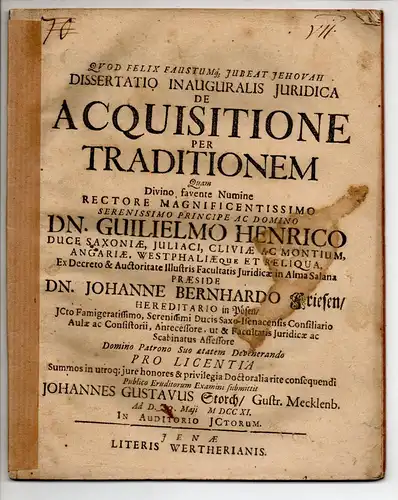 Storch, Johann Gustav: aus Güstrow: Juristische Inaugural-Dissertation. De acquisitione per traditionem. 