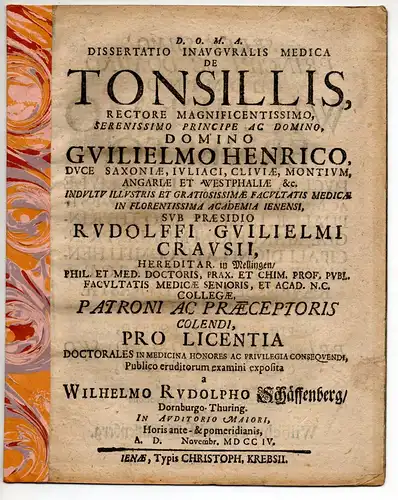 Schäffenberg, Wilhelm Rudolph: aus Dornburg: Medizinische Inaugural-Dissertation. De tonsillis. 