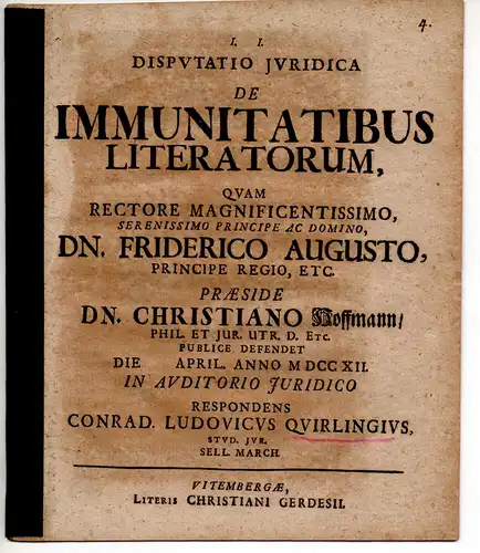 Quirling, Conrad Ludwig: Juristische Disputation. De immunitatibus literatorum. 