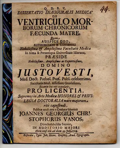 Vanos, Johann Georg Christoph: aus Dinkelsbühl: Medizinische Inaugural-Dissertation. De entriculo morborum chronicorum faecunda matre. 