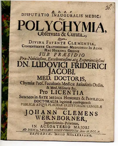 Wernborner, Johann Clemens: aus Jugenheim: Medizinische Inaugural-Disputation. De polychymia observata & curata. 