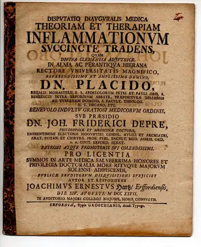 Hartz, Joachim Ernst: aus Erfurt: Medizinische Inaugural-Disputation. Theoriam et therapiam inflammationum succincte tradens. 