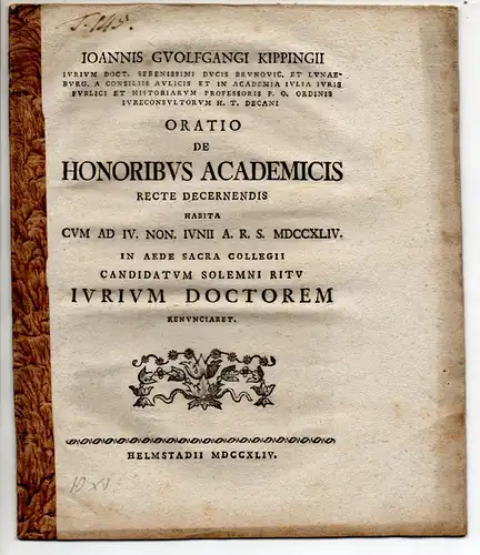 Kipping, Johann Wolfgang: Oratio de honoribus academicis recte decernendis. 