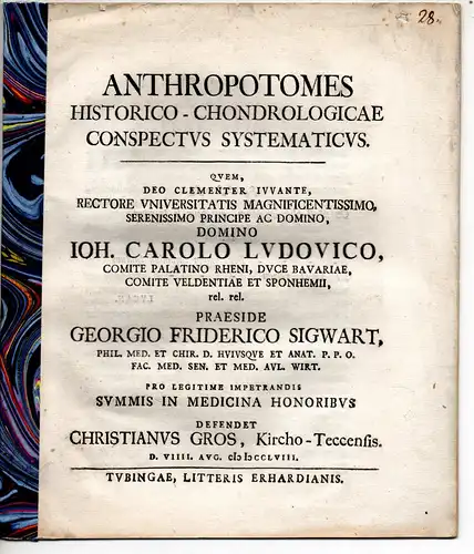 Gros, Christian: aus Kirchheim/Teck: Medizinische Dissertation. Anthropotomes historico-chondrologicae conspectus systematicus. 