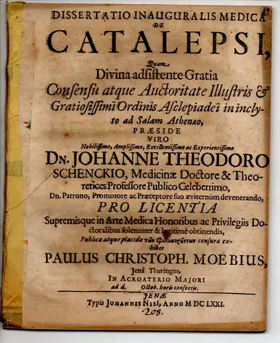 Möbius, Paul Christoph: aus Jena: Medizinische Inaugural-Dissertation. De catalepsi. 