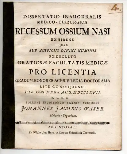 Waser, Johann Jakob: Medizinische Inaugural-Dissertation. Recessum ossium nasi exhibens. 