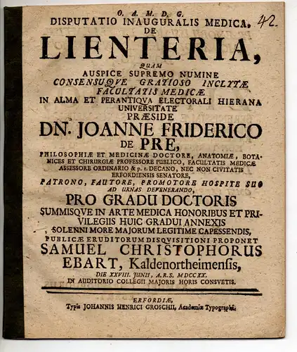 Ebart, Samuel Christoph: aus Kaltennordheim: Medizinische Inaugural-Disputation. De lienteria. 