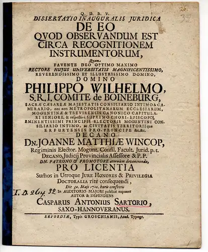 Sartorius, Kaspar Anton: aus Hannover: Juristische Inaugural-Dissertation. De eo quod observandum est circa recognitionem instrumentorum. 