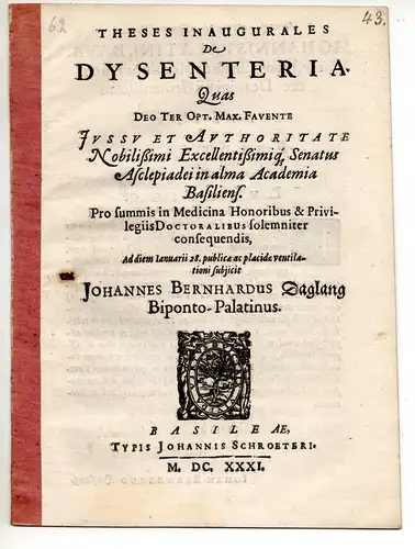 Daglang (Taglang), Johann Bernhard : Zweibrücken: Theses inaugurales De dysenteria. 
