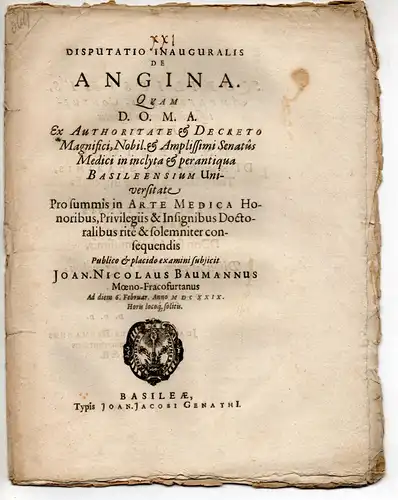 Baumann, Johann Nicolaus: aus Frankfurt/Main: Medizinische Inaugural-Disputation. De angina. 