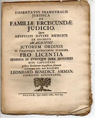 Amman, Leonhard Benedict: aus Augsburg: Juristische Inaugural-Dissertation. De familiae erciscundae iudicio. 