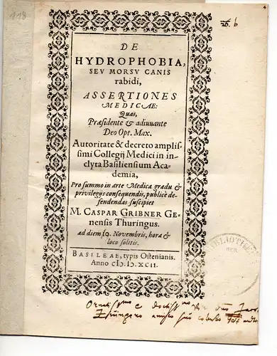 Gribner, Caspar: De hydrophobia, seu morsu canis rabidi, assertiones medicae. 