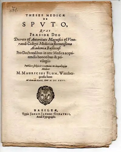 Blum, Moritz: aus Wittemberg: Theses medicae de sputo. 