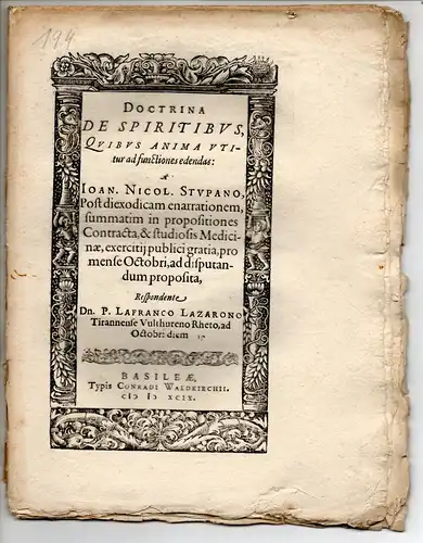 Lazarone, P. Lafrancus: Doctrina de spiritibus, quibus anima utitur ad functiones edendas. 