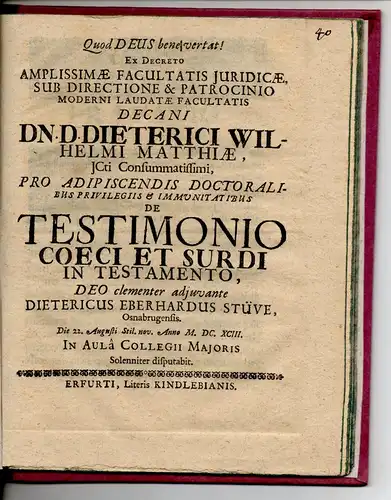 Stüve, Dietrich Eberhard: Juristische Dissertation. De testimonio coeci et surdi in testamento. 