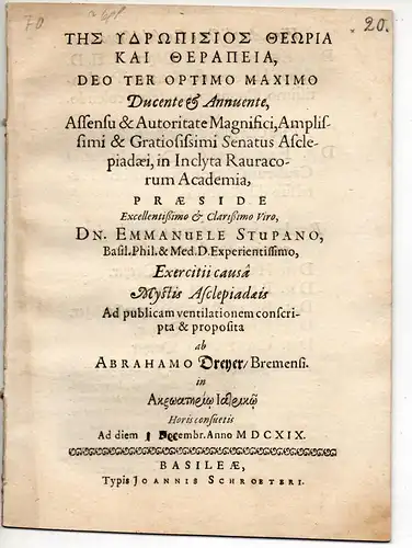 Dreyer, Abraham: aus Bremen: Tes hydropisios theoria kai therapeia. 