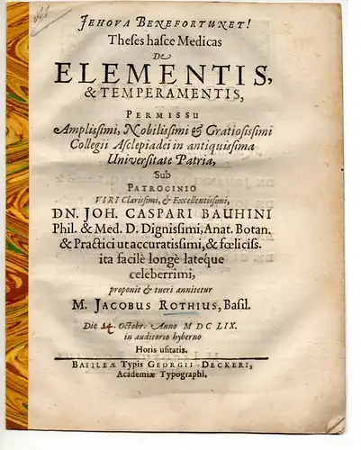 Roth, Jacob: aus Basel: Theses medicas de elementis & temperamentis. 