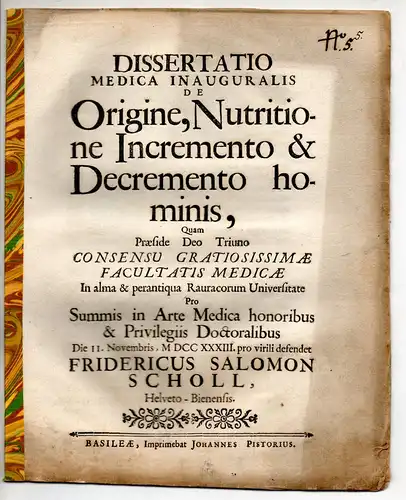 Scholl, Friedrich Salomon: Medizinische Inaugural-Dissertation. De origine, nutritione incremento & decremento hominis. 