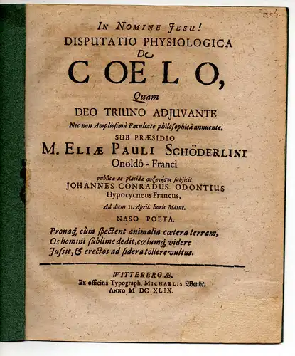 Odontius, Johann Conrad: Disputatio Physiologica De Coelo. 