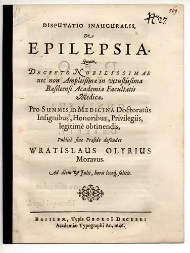 Olyrius, Wratislaus: Medizinische Inaugural-Disputation. De epilepsia. 