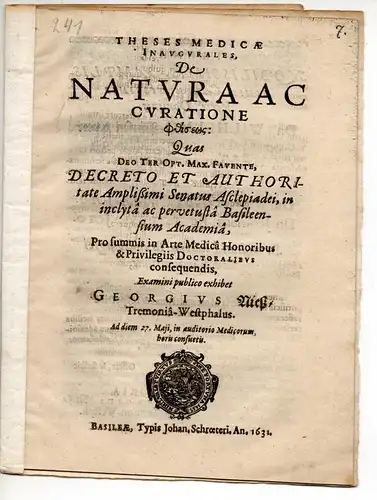 Niess, Georg: aus Dortmund: Theses medicae inaugurales, De natura ac curatione phthiseos. 