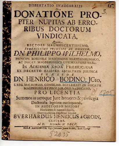 Groin, Everhard Heinrich von: aus Kleve: Juristische Inaugural-Dissertation. De donatione propter nuptias ab erroribus doctorum vindicata. 