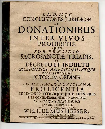 Heeser, Wilhelm: aus S. Goar: Juristische Disputation. De donationibus inter vivos prohibitis. 