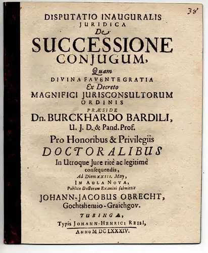 Obrecht, Johann Jacob: Juristische Inaugural-Disputation. De successione coniugum. 