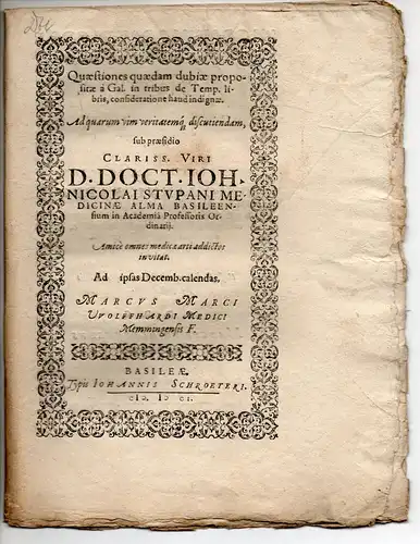 Wolfhard, Marcus: aus Memmingen: Quaestiones quaedam dubiae propositae a Gal. in tribus de Temp. libris, consideratione haud indignae. 