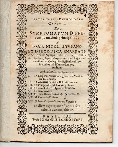 Stupanus, Johann Niklaus (Präses): Tertiae partis pathologiae caput I. De symptomatum differentiis maxime principalibus. 