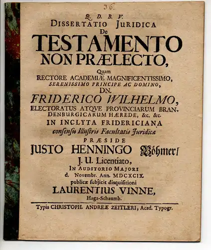 Vinne, Lorenz: aus Hagen: Juristische Dissertation. De testamento non praelecto. 