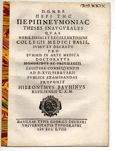 Bauhin, Hieronymus: aus Basel: Peri tes peripneumonias theses inaugurales. 