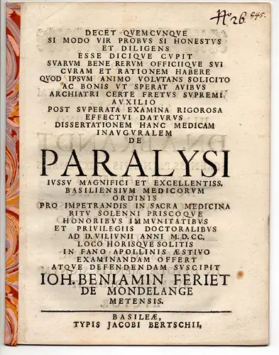 Feriet de Mondelange, Johann Beniamin: Medizinische Inaugural-Dissertation. De paralysi. 