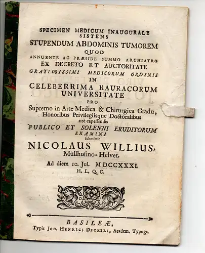 Willius (Will), Nicolaus: aus Mühlhausen: Specimen medicum inaugurale sistens stupendum abdominis tumorem. 