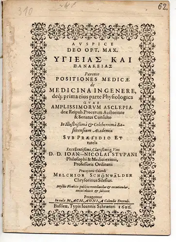 Schönwälder, Melchior: Positiones medicae de medicina in genere, deque prima eius parte Physiologica. 