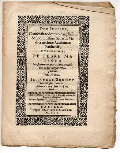 Schott, Johannes: aus Meinigen: Theses has de febre maligna. 