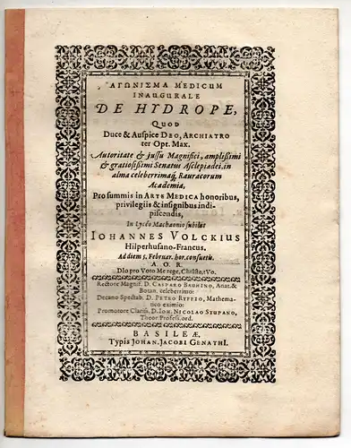 Volck, Johann: aus Hilpertshausen: Agonisma medicum inaugurale de hydrope. 