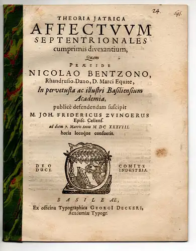 Zwinger, Johann Friedrich: Theoria iatrica affectuum septentrionales cumprimis divexantium. 