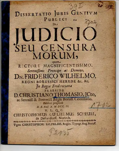 Scheurl von Defersdorf, Christoph Wilhelm: Juristische Dissertation. De iudicio seu censura morum. 