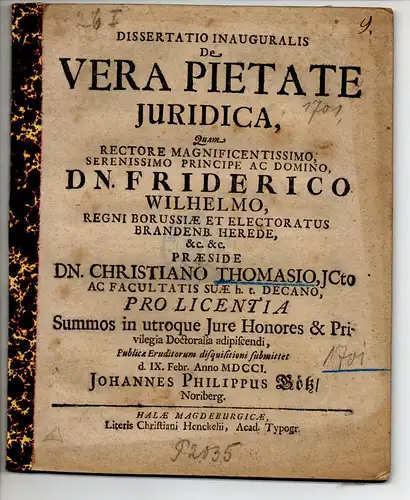 Götz, Johann Philipp: aus Nürnberg: Juristische Inaugural-Dissertation. De vera pietate iuridica. 