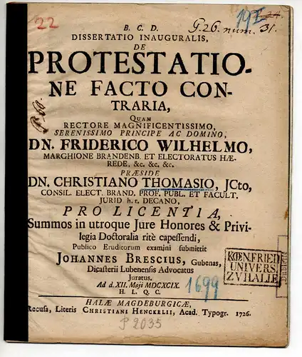 Brescius, Johannes: aus Guben: Juristische Inaugural-Dissertation. De protestatione facto contraria. 