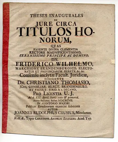 Crusius, Johann Rudolph: aus Minden: Theses inaugurales de iure circa titulos honorum. 